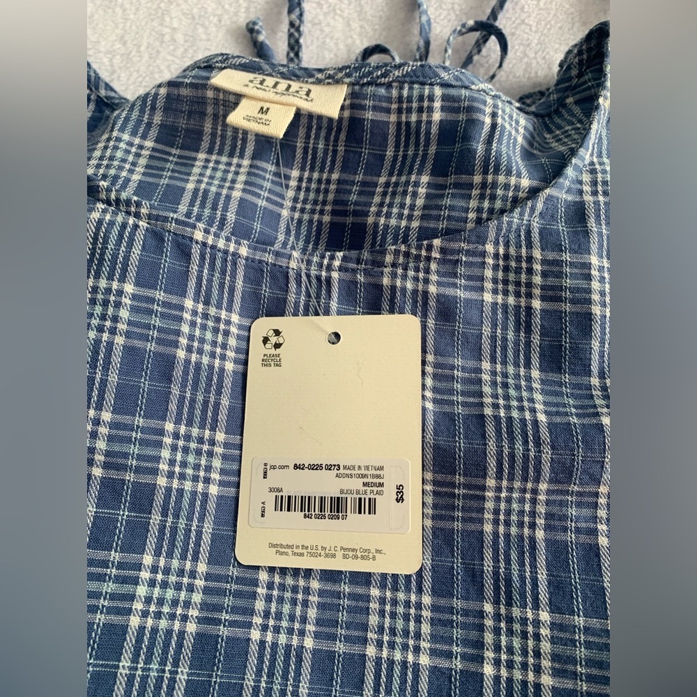 ANA A New Approach NWT Blue Plaid Long Sleeve Boho Peasant Blouse Size M - Picture 14 of 14